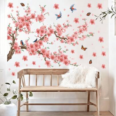 1张粉色花朵墙贴，创意艺术花卉小鸟装饰贴纸，易撕易贴，可移除树枝墙贴，适用于卧室、客厅、家居装饰