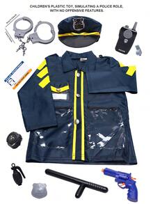 儿童角色扮演服装套装，包含逼真装备——手铐、手表、警棍、哨子、对讲机、徽章、制服、身份证，适合男孩女孩角色扮演游戏 - 彩色 - 查看 10