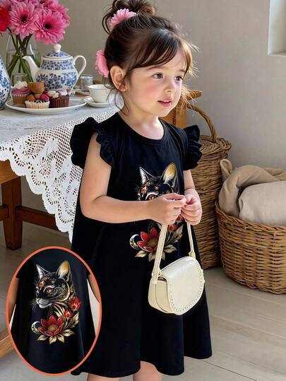 Girls' Floral Cat Print Mid-Length Dress, Casual Minimalist Style, Ruffle Sleeve Cuffs, Cute & Elegant Children's Clothing, Suitable For Spring & Summer