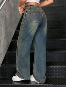 Vaqueros cómodos y favorecedores de pierna recta y ancha para mujer, pantalones de mujer, pantalones de mezclilla mujer, pantalón mezclilla mujer, pantalones de dama mezclilla, pantalones baggy, pantalones olgados para mujer, baggy jeans mujer, ropa vaquera de mujer, adecuados para ir al trabajo, al colegio y para llevar a diario conjuntos de mujer. - Azul - Ver 4