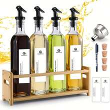 SAEIV Vinegar And Oil Bottle Set (4 X 500 Ml) With Warm Yellow Bamboo Rack, Oil Bottle With Pourer, Oil Dispenser With Label, Oil Pourer, Funnel, Pen, Helps To Organize Kitchen Oil And Vinegar Dispensers Neatly - 4 500ml Oil Bottles With Stand - View 9