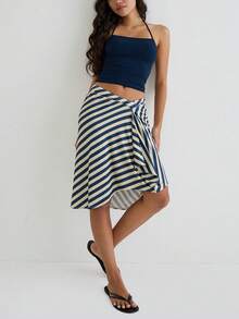 Women Y2k Striped Midi Wrap Skirt Casual Elegant Solid/Stripe/Plaid Print Asymmetrical Low Waist Flowy Long Skirt Beach Vacation A-Line Skirts Streetwear - 藍色 - 查看 3