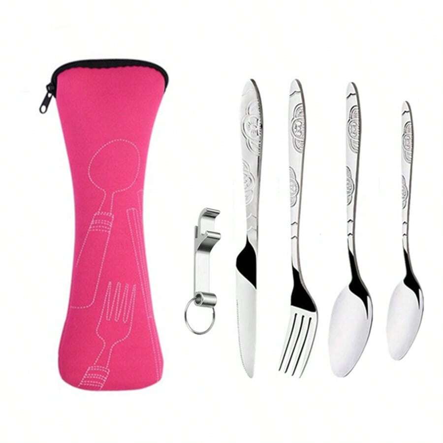 新款不锈钢便携式餐具套装，5件套，幸运星设计，户外旅行露营刀叉勺小勺礼盒套装，304不锈钢吉祥花卉5件套，含开罐器、开瓶器、西式牛排刀叉勺、创意收纳袋，户外便携套装