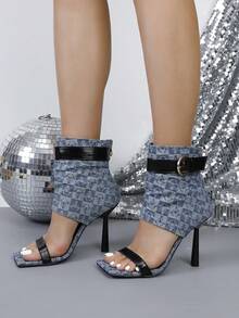 女士优雅绑带高跟凉鞋，适合通勤 - 藍色 - 查看 6