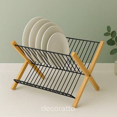 Escorredor Organizador de Louças Bambu e Ferro Dobrável Dois Andares