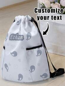 1pc Customized Name & Cartoon Mermaid Tail Pattern Drawstring Backpack With Pockets, Personalized Back To School Gift, Suitable For Children & Teenagers