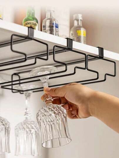 1pc Metal Wine Glass Rack, No Drill Cabinet Hanging Storage Shelf, Modern Home Bar Hanging Organizer Rack, Household Stemware Holder, Wrought Iron Wine Glass Drying Rack