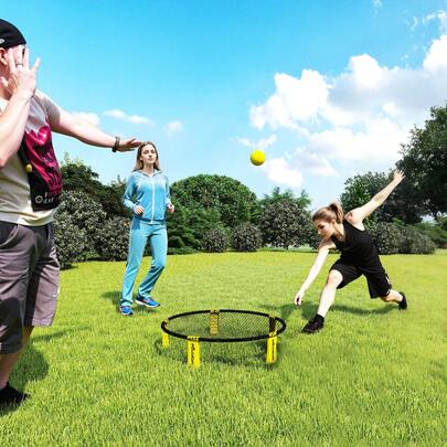  SPORTNOW Spike Game Set, Mini Beach Games Set With Net, 3 Balls And Ball Pump, Portable With Carrying Bag For Outdoor Team Sports, Yellow