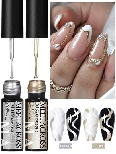 MEET ACROSS Set de 2 esmaltes de uñas en gel con pincel metálico estilo Y2K, esmalte en gel dorado y plateado, gel UV semi-permanente para pintar y dibujar en las uñas, kit de manicura para uso en casa y salón de belleza