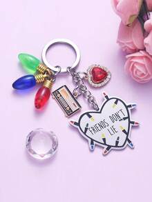 Friendship Gift Keychain, Heart-Shaped Small Light Bulb Combination Pendant, Alloy Heart-Shaped Keychain - Silver - View 4