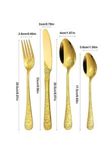 4/16/24件套不锈钢餐具套装，包括餐刀、餐勺、餐叉和甜点勺，适用于厨房、餐厅、自助餐，也可作为斋月礼物，手柄刻有精美图案。 - 金色 - 查看 3
