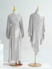 2pcs/Set Elegant (Muslim Dress + Headscarf + Belt) Classic Versatile Abaya For Women's Daily Wear - Multicolor - View 5