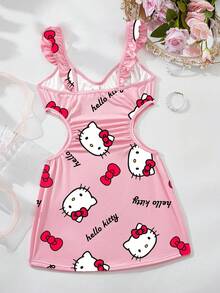 Sanrio 3pcs  Print Ruffle Trim Milk Silk Pink Sleepwear Set, Cute Nightgown, Hollow Out Cropped, Bodycon Dress, Babydoll, Sexy Lingerie, Sexy Nightgown - Baby Pink - View 6