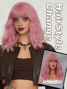 AKAKO 粉色刘海短款波浪卷发假发，16英寸及肩卷发假发，合成耐热假发，适合日常佩戴、音乐节派对角色扮演、街头嘻哈Y2K风格、时尚服装假发配饰 - 粉色 - 查看 2