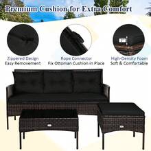 COSTWAY 3 PCS Outdoor Rattan Conversation Set, Patio Furniture Set W/ 5 Elastic Seat & Back Cushions, High Durability, Tempered Glass Coffee Table, Ideal For Poolside, Balcony, Backyard, Easy Installation, Black - Black - View 2