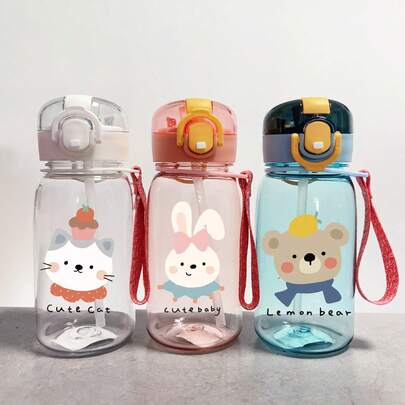 1pc 420ml Kids Water Bottle, Student Water Cup, Cute Gift For Girls & Boys, Best Present, Straw Cup, Suitable For Outdoor, School, Sports, Graduation, Cartoon Animal Theme, Portable