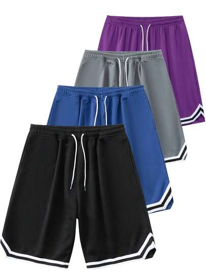 شورتات رياضية للرجال بخطوط متباينة، شورتات كرة السلة قصيرة حتى الركبة بخصر مطاطي، طول الداخلي 5 بوصة للصيف
