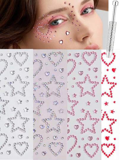 Face Gems 4 Sheets Hair Gems, Self Adhesive Face Jewels Stickers, Heart Festival Face Gems Stick On, Rhinestone Stickers For Face, Eye, Makeup, Rave Accessories For Kids, Women