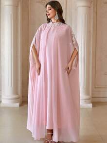 Solessence 女士立领纯色二合一拼接开襟雪纺连衣裙，饰有刺绣、亮片和串珠，优雅长款阿拉伯风格连衣裙，适合宴会、日常穿着及更多场合。 - 粉色 - 查看 6