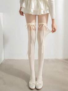 1件装 女士洛丽塔风格蝴蝶结蕾丝边连裤袜，时尚宣言连裤袜