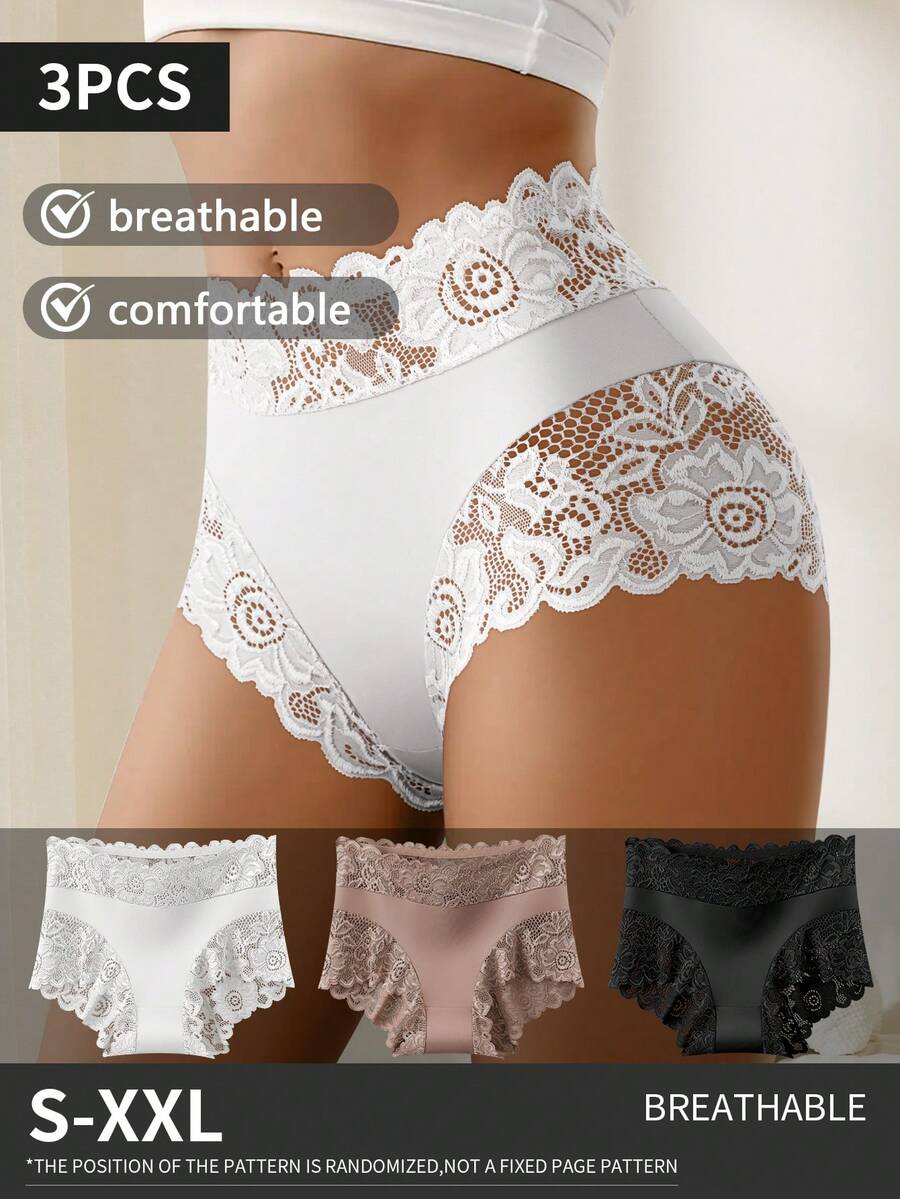 3 piezas de bragas de mujer con estampado de encaje, sexy, transpirables y cómodas