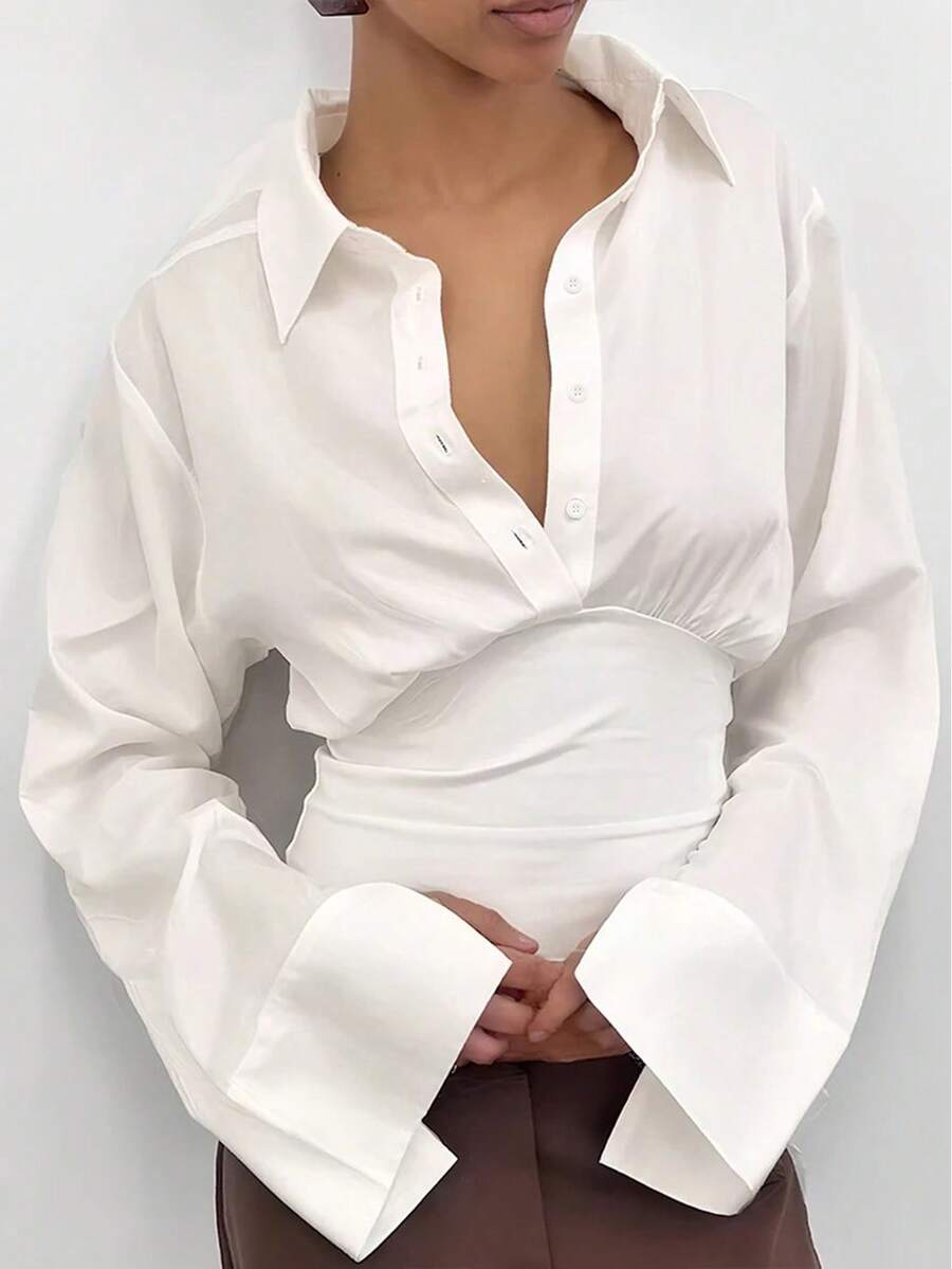 女士优雅休闲通勤衬衫,长袖翻领,收腰修身版型,纯色梭织面料,前襟纽扣开合,适合日常办公休闲穿着,春夏白色 - 白色 - 查看 1