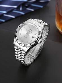 RICECGO 1pc Men's Classic Quartz Steel Band Wristwatch With Calendar Display, Suitable For Daily Wear, Business Occasions, High-End Sophisticated Gift - Silver - View 6