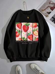 Women'S Casual Strawberry Print Sweatshirt - Soft Round Neck Pullover With "TASTE & SEE THAT THE TORD IS GOOD" Design, Light Green With Vibrant Strawberry & Floral Print, Perfect For Spring & Summergifts For Mom-Free Shipping - màu đen - Xem 1