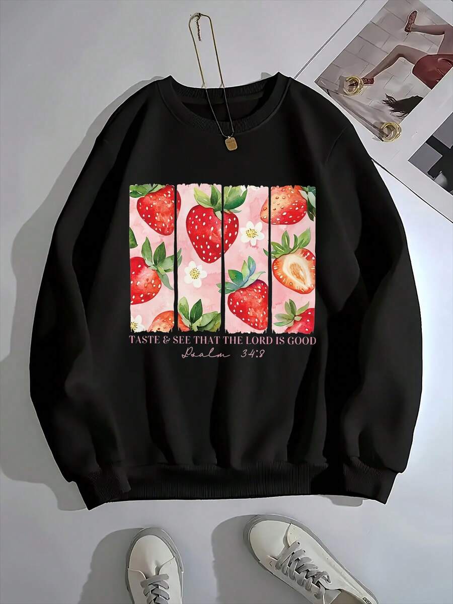Women'S Casual Strawberry Print Sweatshirt - Soft Round Neck Pullover With "TASTE & SEE THAT THE TORD IS GOOD" Design, Light Green With Vibrant Strawberry & Floral Print, Perfect For Spring & Summergifts For Mom-Free Shipping - màu đen - Xem 1