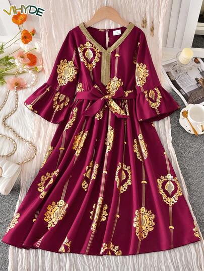 Vihyde Vestido midi vintage para niñas preadolescentes con estampado de lámina dorada y burdeos, estilo de vacaciones exóticas, cuello en V, mangas acampanadas, cintura ceñida, vestido completo y cinturón, adecuado para viajes exóticos, fotografía de viajes, salidas de vacaciones, ropa de playa, reuniones, desplazamientos diarios, té de la tarde, salidas festivas