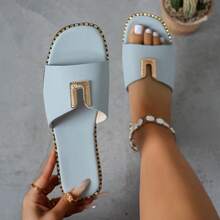 Thời trang nữ 2026 Xuân/Hè phong cách Bohemian, dép xăng đan đế bằng mũi vuông, màu xanh nhạt, thích hợp đi biển/nghỉ mát. Thời trang nữ tối giản, dép lê màu xanh nhạt, thích hợp đi ngoài trời/dự tiệc. - Màu xanh nhạt - Xem 12