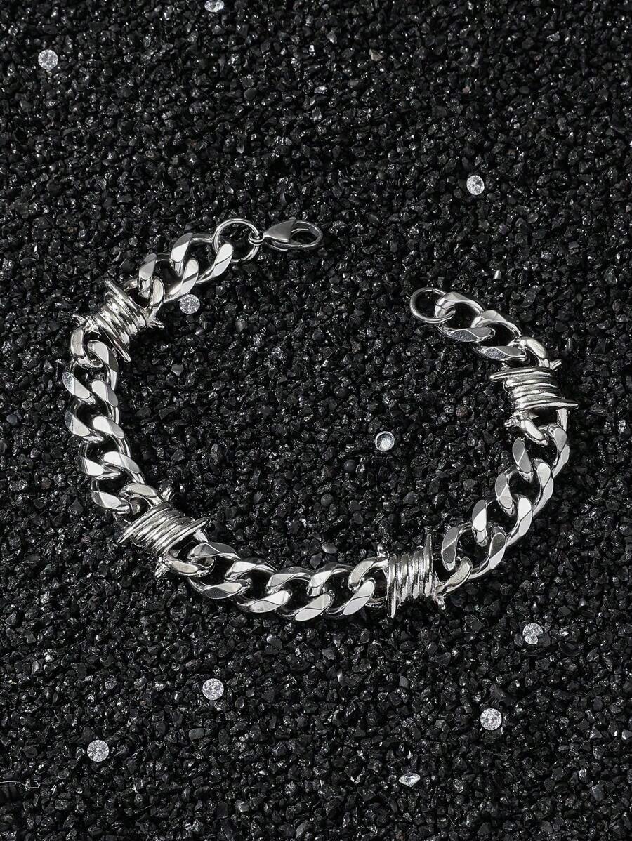 1pc Men's 11mm Wide Punk Stainless Steel Spike Interlocking Chain Bracelet For Boyfriend - 銀色 - 查看 1