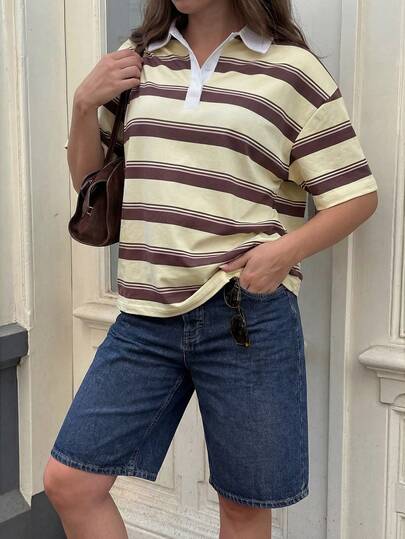 HoloChill Women's Colorblock Striped Casual Short Sleeve Button-Up Knit Polo Shirt, Versatile T-Shirt Top For Summer, Spring Casual Wear, Party, Beach, Elegant Holiday Outfit