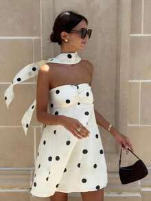New Temperament Noble Tube Top Dress Loose Fashion Versatile Polka Dot Print Skirt With Scarf - 白色 - 查看 1
