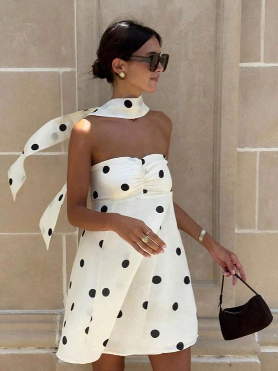 New Temperament Noble Tube Top Dress Loose Fashion Versatile Polka Dot Print Skirt With Scarf - 白色 - 查看 1