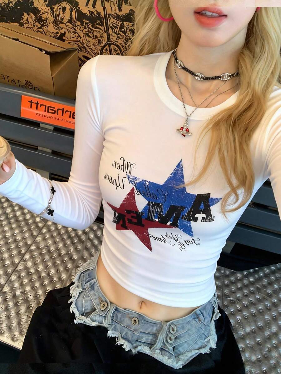 Round Neck Long Sleeve T-Shirt American Hot Girl, Spring And Autumn New Star Pattern And Letter Print, Women's Cropped Fitted Top - White - View 1