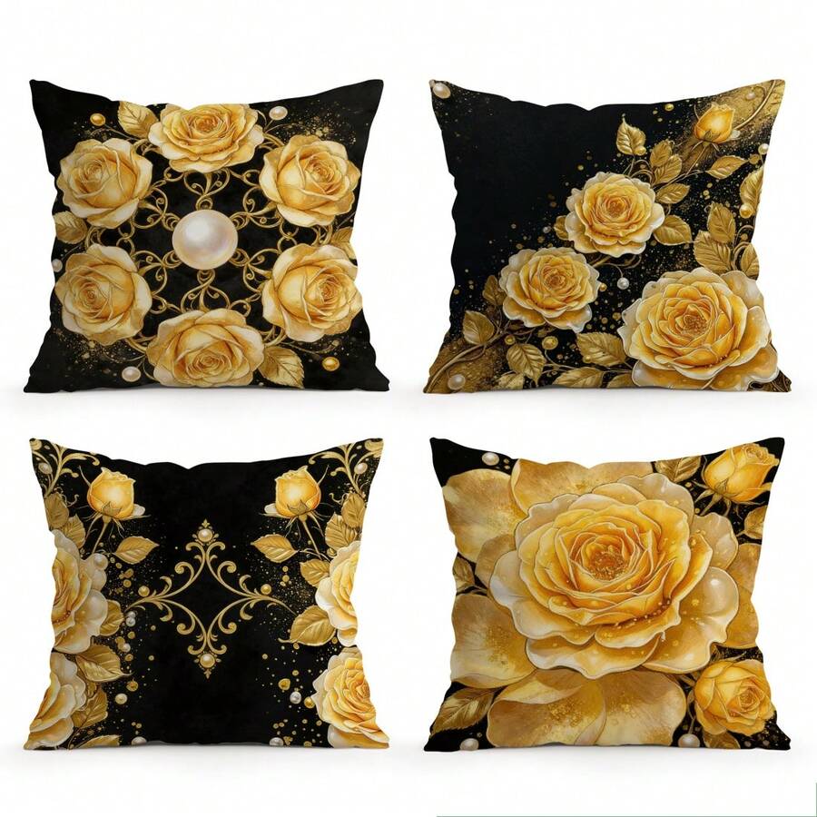 4 Stücke Schwarz & Gold Klassisch Perle Rose Blumen Muster Kissenbezüge, einseitig bedruckte Kissenhüllen, geeignet für Wohnzimmer, Schlafzimmer, Heimdekoration, ganzjährig