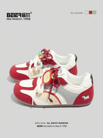 BEIER 1双撞色休闲系带拼接学院风仿皮平底鞋，女士款，春秋季