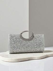 晚会焦点：银色亮片晚宴包，搭配金属环手柄，闪耀优雅，为您的派对造型增添光彩 - 銀色 - 查看 4