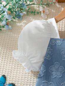 Đầm thường ngày thoải mái cho bé gái, phối màu khối, trang trí nơ 3D, tay áo kiểu công chúa, chân váy xòe, cổ vuông, dài đến đầu gối, thích hợp cho mùa xuân/hè. - Màu xanh lam - Xem 4