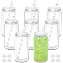 8/4pcs 16oz Double Wall Glass Tumbler, DIY Glitter Mason Jar Cup With Lid, Straw And Silicone Plug - Hand Wash, BPA & PVC Free - Multicolor - View 8