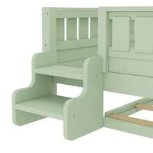 FUNIDEE Full Size Platform Bed With Trundle, Platform Bed Frame With Built-In Bookshelves And Rounded Small Staircase, Bed Frame With Guardrails For Kids - Bơ xanh - Xem 11