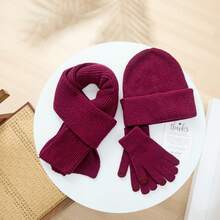 3pcs Solid Color Minimalist Dopamine Color Series Winter Warm Set, Hat + Scarf + Gloves Combo, Unisex Outdoor Casual Suit, Thoughtful Gift For Valentine's Day Vacation Outfits - Solid Color Three-piece Set - View 12