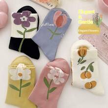 Vớ nữ dài đến bắp chân họa tiết hoa 3D, vớ bầu kiểu retro, thích hợp cho mùa thu/đông, vớ lông họa tiết hoa màu hồng. - Nhiều màu - Xem 5