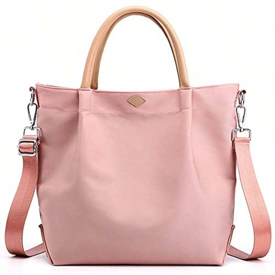 Bolso de hombro de nailon para mujer, bolso con asa, gran capacidad, bolso de hombro de estilo casual, bolso de viaje, billetera - Rosa - Ver 1