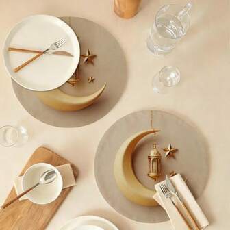 2/4/6-Piece Set Of Simple And Elegant Ramadan Themed Placemats, Designed With Golden Moon And Lantern Patterns -15.0-Inch Table Mats, Suitable For Party Dining And Holiday Decoration. Suitable For Home Decoration, Holiday Table Decoration, Rural Holiday Decoration, Rural Style, Washable Mats, Durable Materials, Holiday Table Decoration, And Home Entertainment.