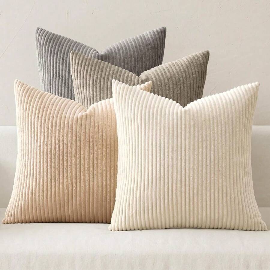 [Free Shipping]MIULEE Boho Farmhouse Neutral Cream Throw Pillow Covers 18x18 Inch Set Of 4 Mordern Nordic Cushion Covers Soft Corduroy Home Decor For Couch Bed Sofa Living Room - 奶油色,18英寸x18英寸,4件裝 - 查看 1