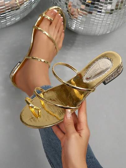 Women's Fashionable Gold Criss-Cross Mule Slippers, Low Heel Open Toe Sandals, Luxurious Sparkling Party & Daily Wear Shoes