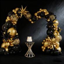 61个/103个/149个经典黑金气球装饰套装，包含4种不同尺寸的铝箔爆炸星形气球，适用于生日派对、婚礼派对、周年纪念派对、毕业派对等场合。