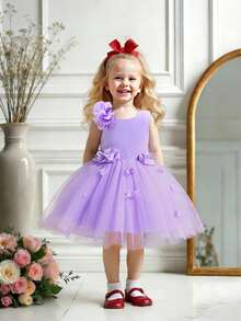 女婴纯色薄纱缎面无袖3D立体花朵优雅花童礼服，适合婚礼派对，不含头饰